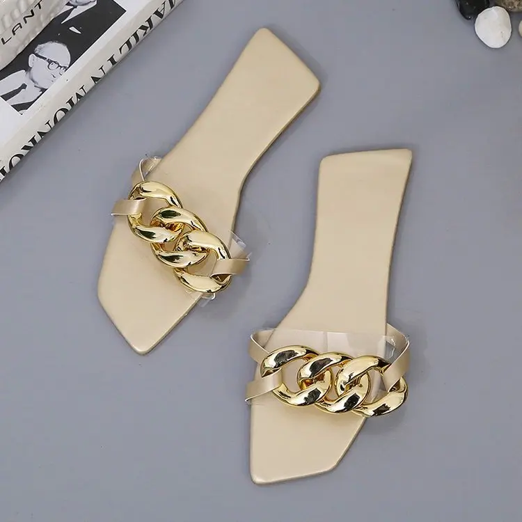 Gold Summer Transparent Slippers Chain Jelly Shoes Soft Casual Wild Women Comfort Ladies Beach PVC Slides Female Shoes 2021 New