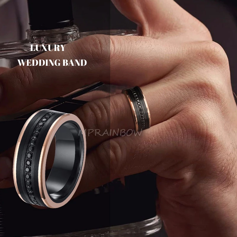 Роскошное обручальное кольцо из карбида вольфрама 8 мм с черным фианитом розовое