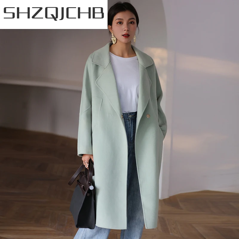 

Женское шерстяное пальто SHZQ, элегантное винтажное длинное пальто из 100%-ной шерсти, пальто в Корейском стиле для весны и осени, 2021