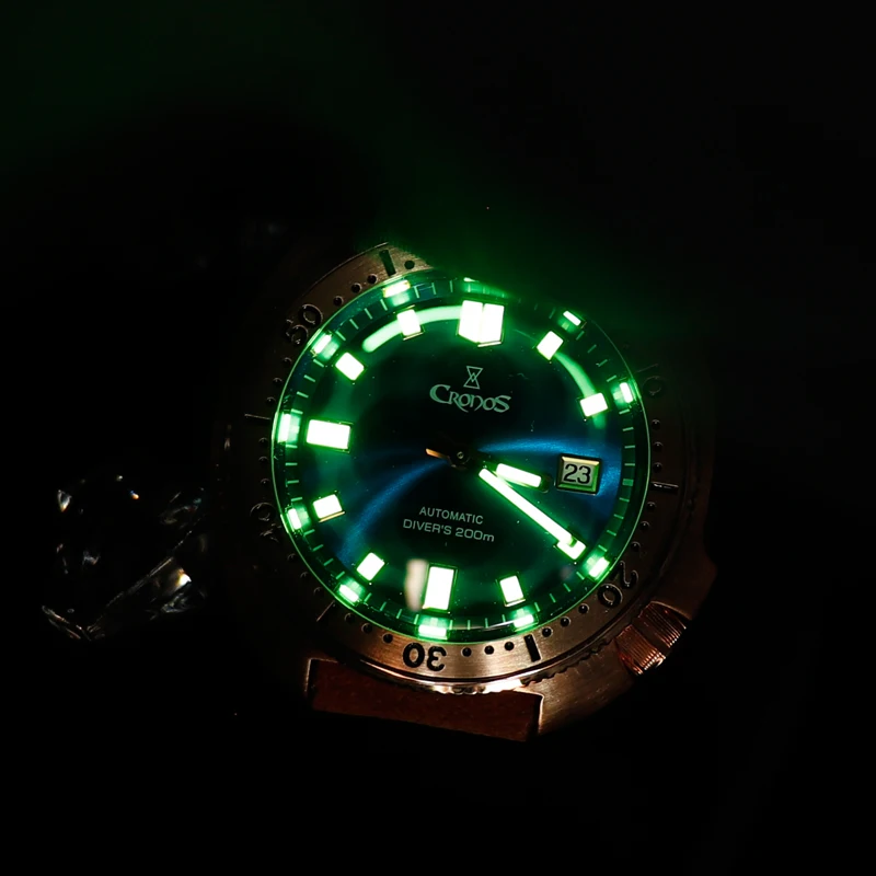 

Cronos Men Turtle Diver Watch Bronze Luminous Automatic PT5000 SW200 Rotating Bezel Sapphire Crystal Leather Strap Men's Watches