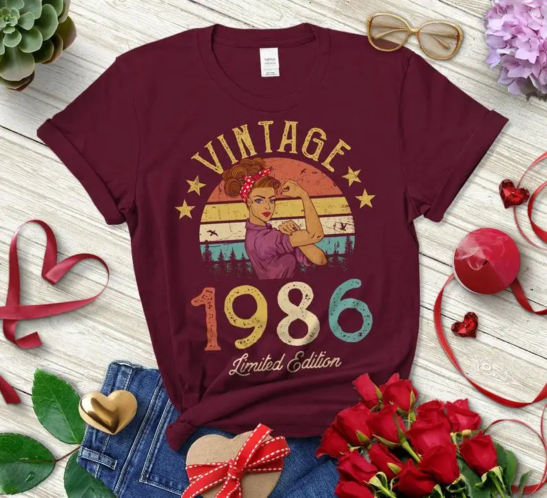 

Vintage 1986 Limited Edition Retro Womens T-Shirt Funny 35th Birthday Gift Idea 100%cotton Grandmom Mom Wife Girl Daughter Shirt