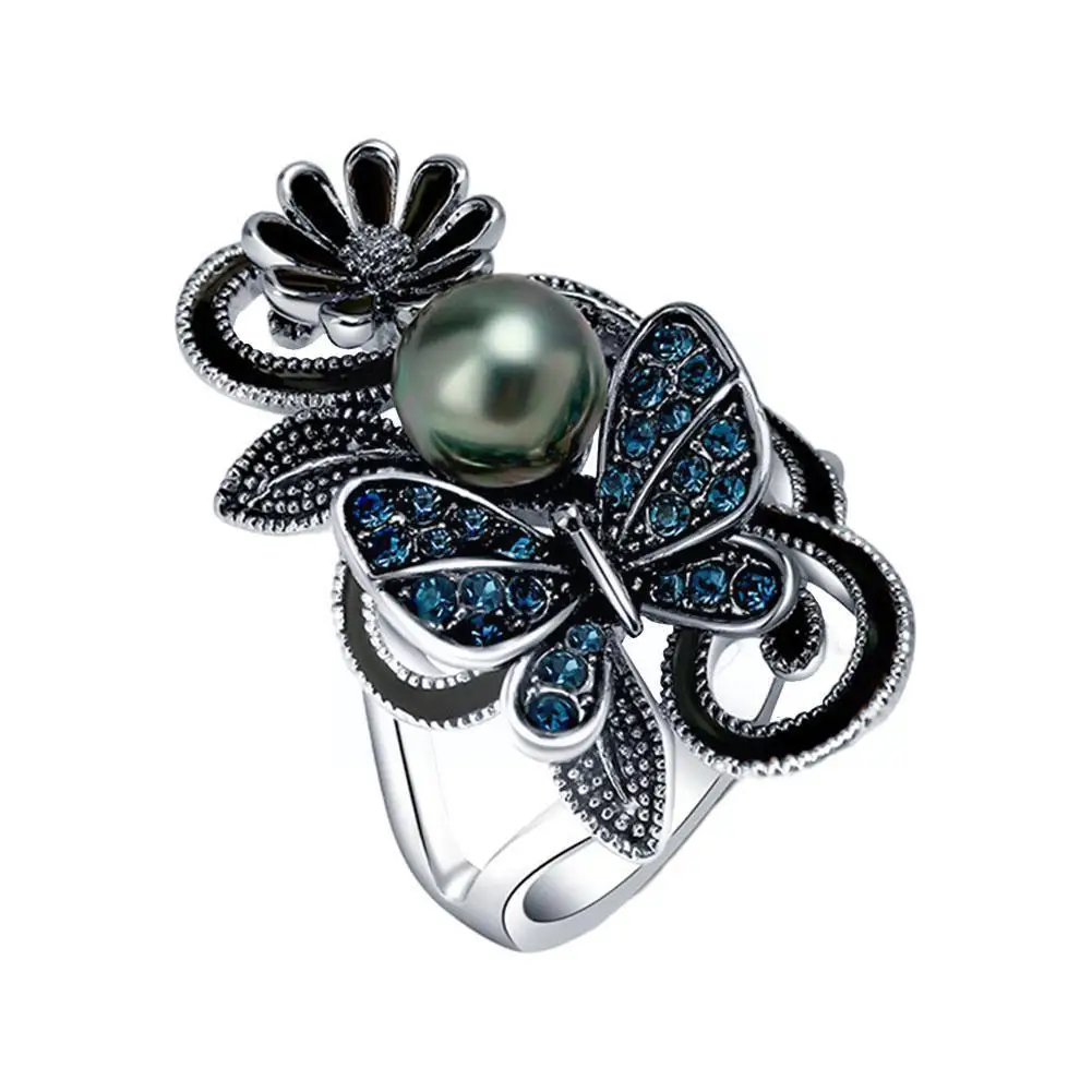 Новинка 2021 модные чернильные женские кольца с синим жемчугом бабочкой и