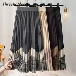 

Knitted Mid Pleated Skirts For Women Autumn 2021 New Fashion High Waist Plaid Striped Tassel Big Swing Casual Female Skirts