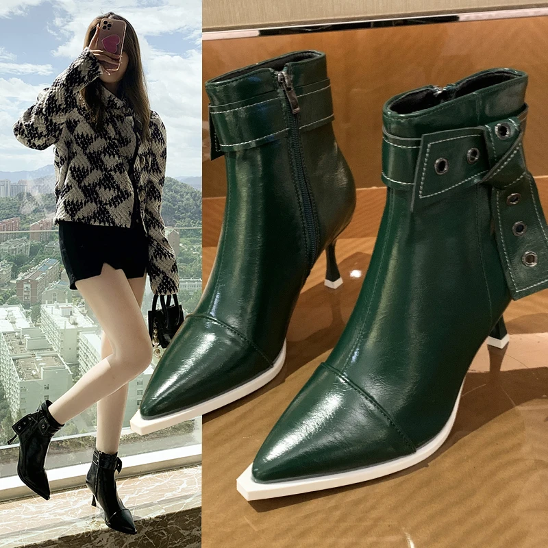 

Fashion short boots women new European and American fashion belt buckle bow pointed stiletto heel thin thin short boots women