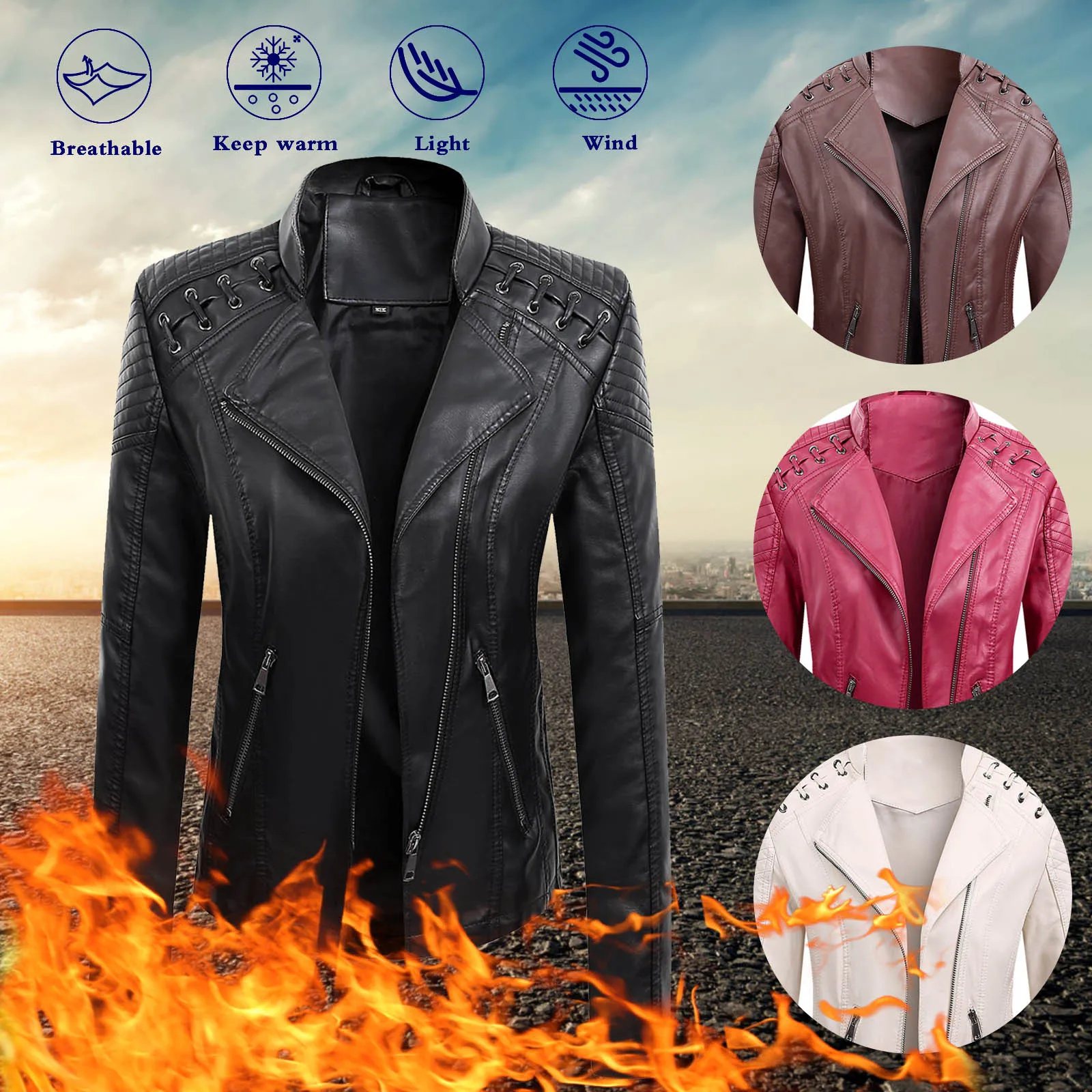 

Fashion Faux Leather Jacket For Women Winter Autumn Motorcycle Zipper Long Sleeve Coat Casual Short Jacket Clothes Outwear