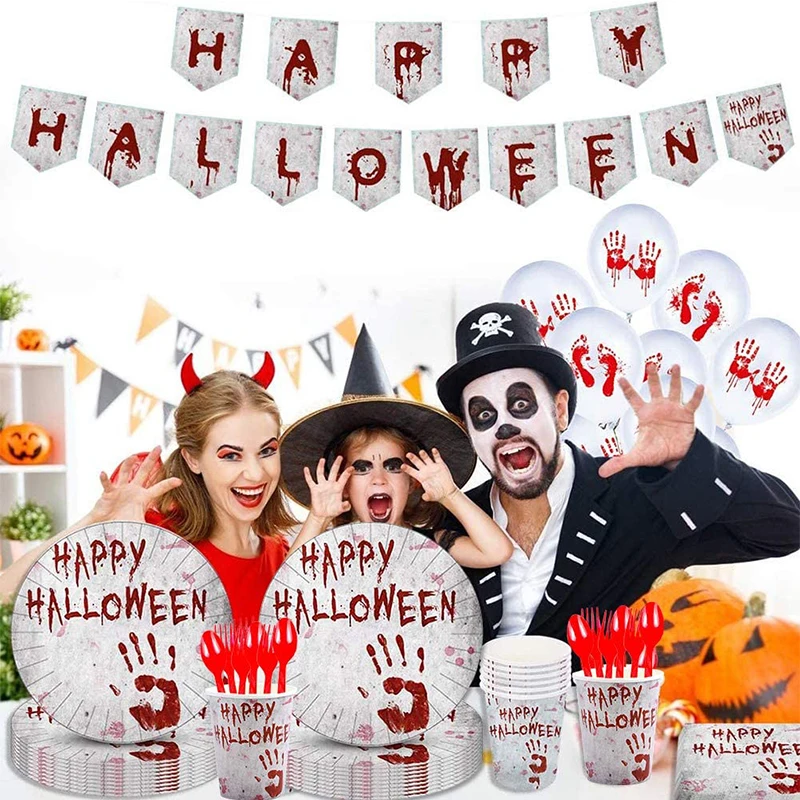 Кровавый отпечаток руки Хэллоуин посуда набор жуткий ужасающие бумажные