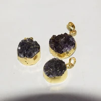 natural purple crystal stone pendant 2021 women round gold plating bezel geode druzy quartz cluster lovely femme diy accessories
