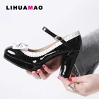Туфли-лодочки LIHUAMAO с ремешком на щиколотке, лакированная кожа, квадратный каблук, платформа, круглый носок, обувь для свадьбыВечеринки