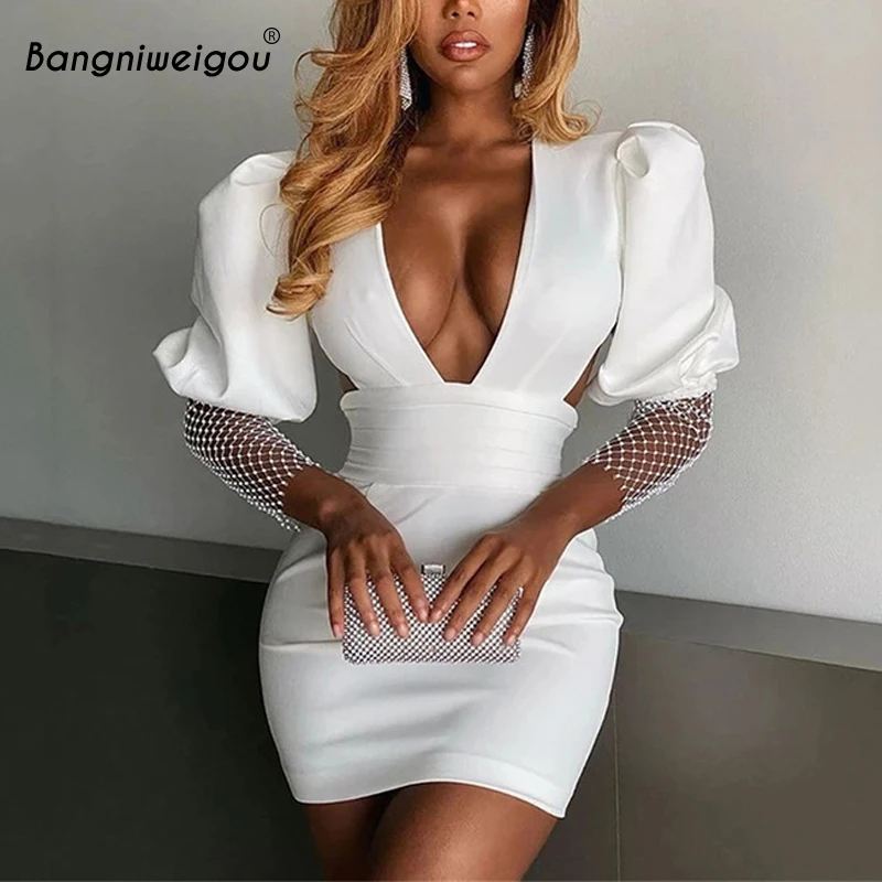 

Bangniweigou Rhinestone Pathwork Puff Long Sleeve Hollow Out Party White Black Elegant Dresses Women V-neck Backless Mini Robe