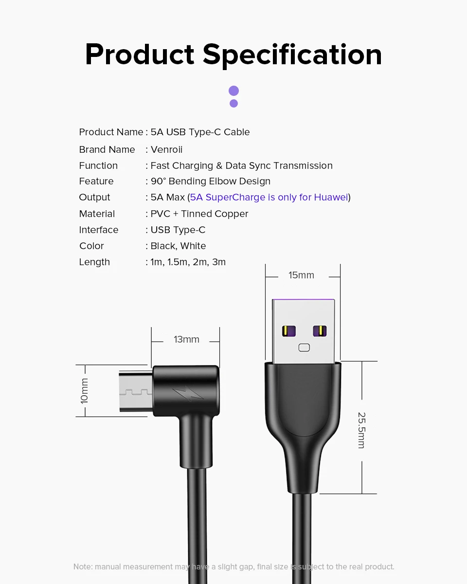 Venroii 5A Тип usb C 2 м 3 м быстрой зарядки Тип-C Kable для huawei P30 P20 Lite Коврики 20 про телефон супер заряда QC3.0 Tipo C
