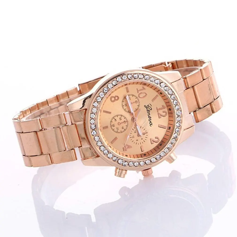 New Trendy Women Crystal Quartz Watch Geneva Three-eye Diamond Luxury Stainless Steel Strap Round Dial | Наручные часы