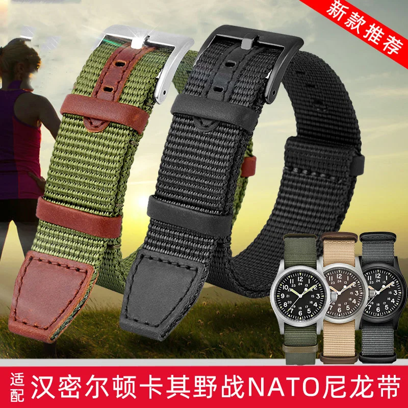 

20mm 22mm Woven Nylon +Genuine Leather NATO Strap for Hamilton Khaki Green Field Watch H69439931 441 Men Outdoor Sport Watchband