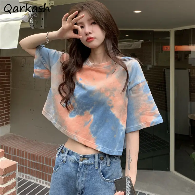 

Women Crop Tops Short Sleeve T-shirts Tie-dye O-neck Loose Girls Harajuku Tops Summer All-match Korean Style Casual Trendy Chic