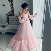 latest charming pink prom party dresses 2021 off shoulder long sleeves sweetheart pleating wedding guest gowns on sale