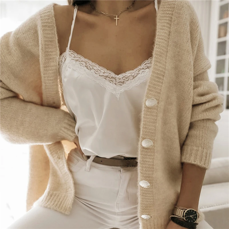 

2021 New Autumn Women Knit Cardigans Sweaters Solid V Neck Loose Knitwear Single Breasted Jacket Coat Tops Cardigan Outerwear