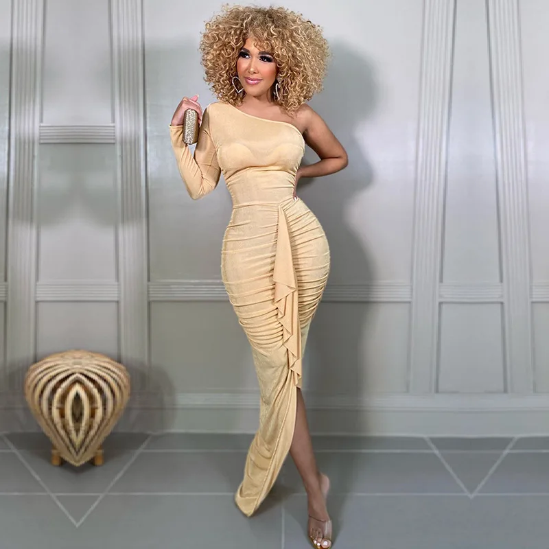 

Женское платье макси с длинным рукавом, Бандажное элегантное винтажное Привлекательное платье на одно плечо, уличная одежда для вечевечерн...