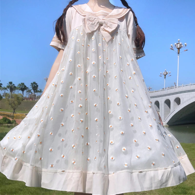 

Kawaii Lolita Dress Japanese Soft Sister Autumn Retro Cute Wind Navy Collar Bow Tie Dress Sweet Girls Dress Summer DT2250
