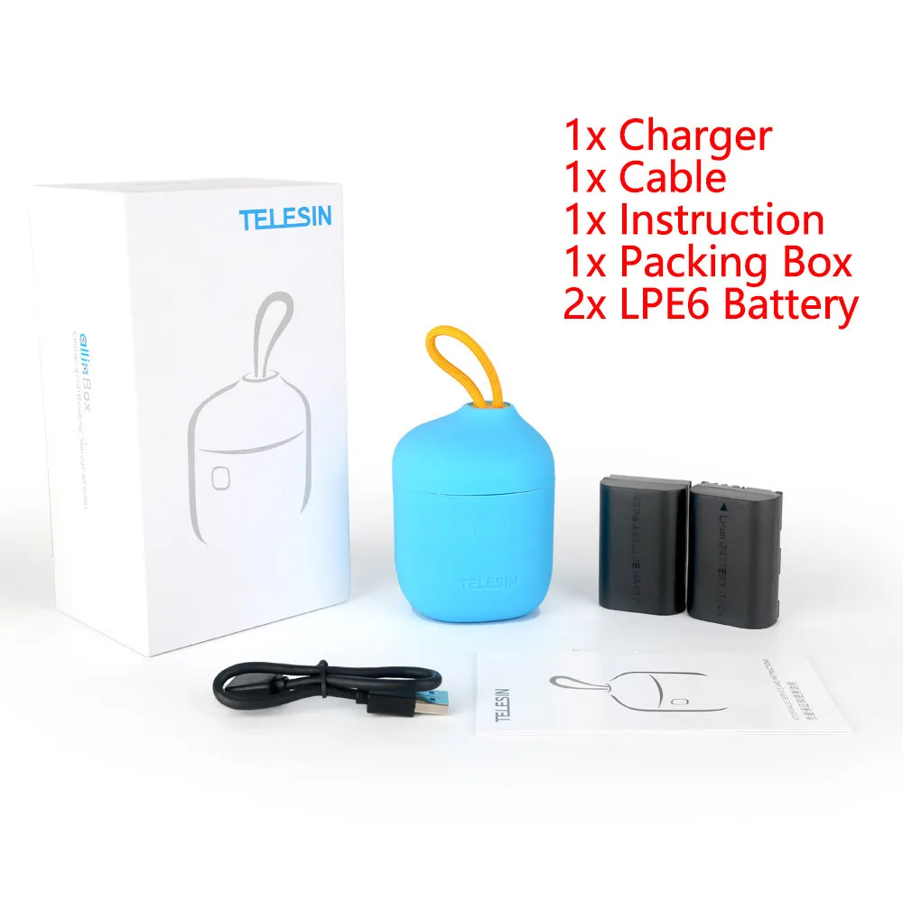 Charger Set Blue TELESIN 2 упаковки LPE6 батарея и 2 слота зарядное устройство SD кард-ридер коробка для хранения для Canon 5D Mark II III для EOS 6D 7D 80D батарея - Цвет: Charger Set Blue