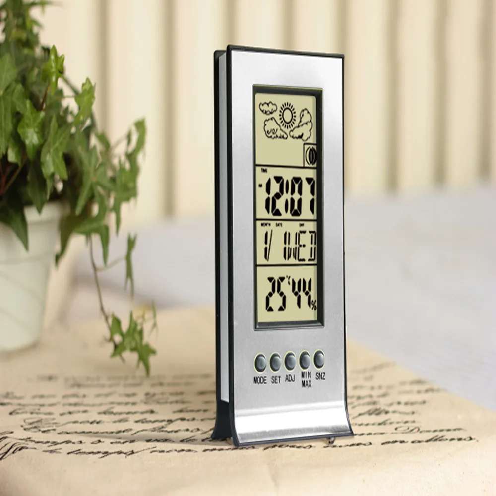 JIMEI H106A стол с ЖК-экраном Будильник Weathe Forecast часы с комнатным измерителем температуры и влажности и алюминиевой поверхностью