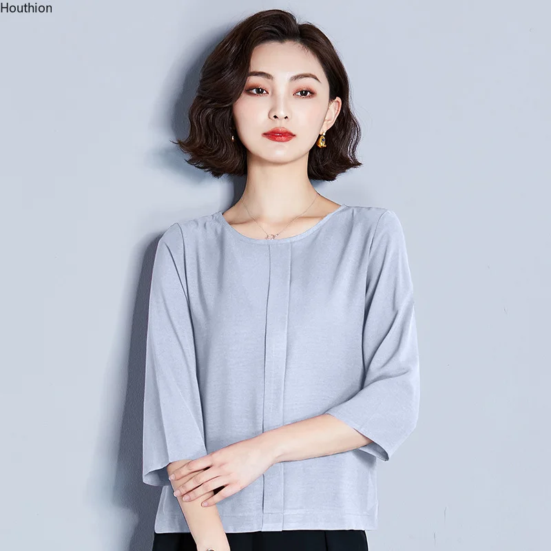 

Houthion женская блузка размера плюс Top шелковая рубашка однотонная Новинка модные повседневные топы Корейская шифоновая блузка с коротким рук...