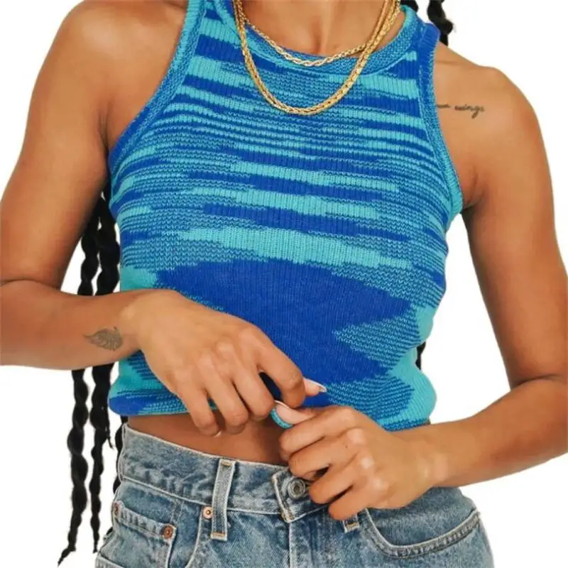 

TYJTJY 2021 Knit Crop Top Women Sleeveless Y2K Basic T Shirts Casual Summer Off Shoulder Blue O Neck Tank Top Vintage Fashion