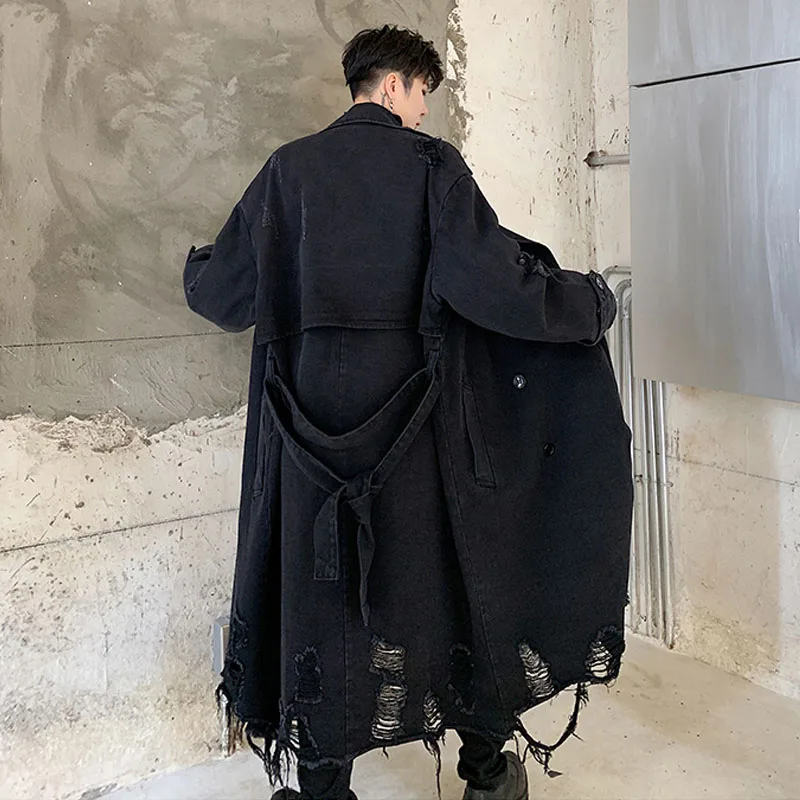 Мужская дырка панк готический джинсовый Тренч пальто винтажная мода уличная хип