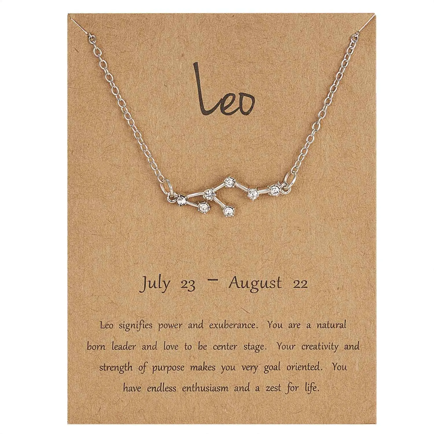 silver Leo Rinhoo 12 Constellation Necklace Zodiac Sign necklace with Card Pendant Necklace charm Message Card Birthday Gift for Women Girl - Окраска металла: silver Leo