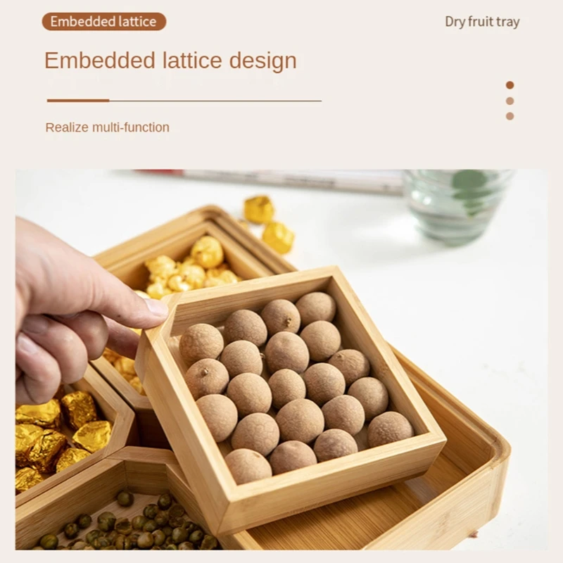 

Поднос деревянный бамбуковый разделенный с прозрачной акриловой крышкой, коробка для хранения сухих фруктов, 4 ячейки, тарелка для орехов, з...