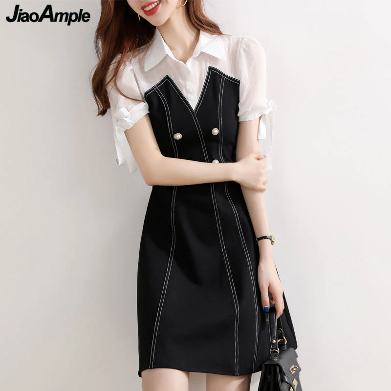

Women French Style Graceful A-line Dress 2020 Summer New Office Lady Turn-down Collar Midi Dresses Girls Fashion Out Side Skirts