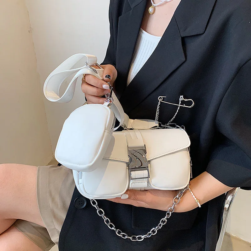 

Personality Wide Strap Shoulder Bags for Women Fashion Metal Chain Ladies Crossbody Bag Casual Hip Hop Handbags With Key Pocket