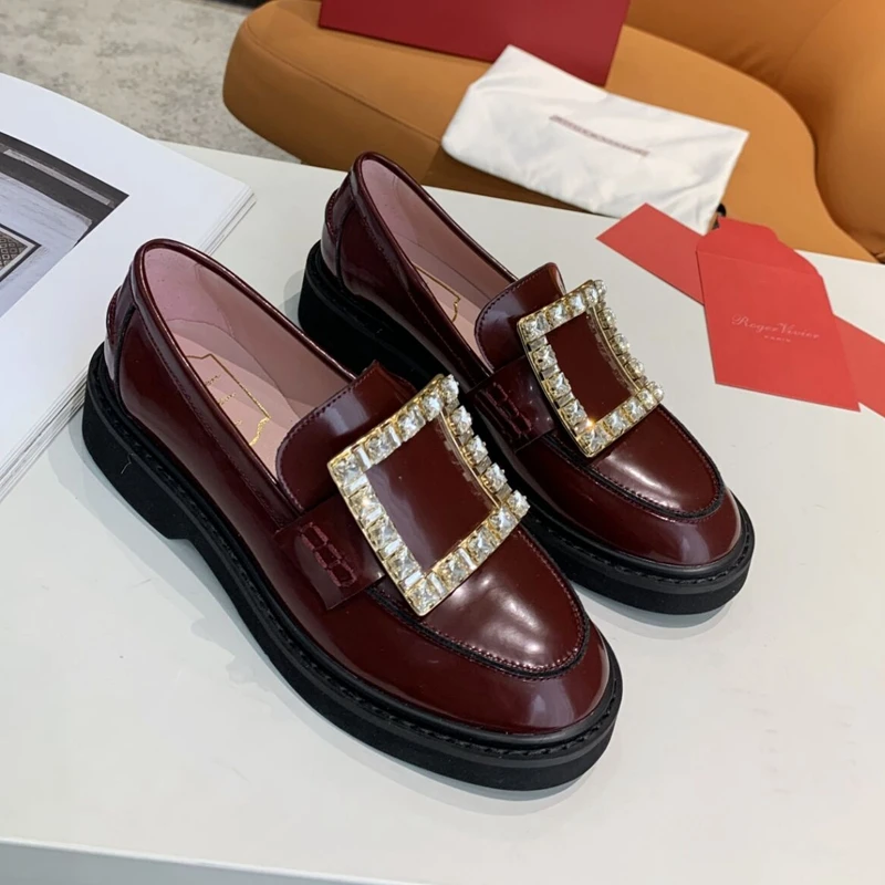

Retro Square Metal Buckle Rhinestone Platform Loafers Women's One-step Single Shoes Real Leather British Style Wine Red Shoes