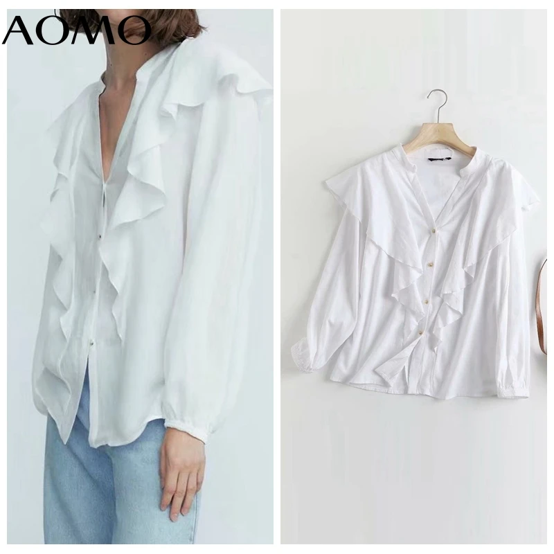 

AOMO Women Retro High Quality White Ruffles Blouse Long Sleeve Chic Female Casual Loose Shirt 4C23A