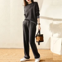 mastgou drawstring knitted wide leg women straight pants suits chic o neck women pullover sweater tops 2two piece tracksuits