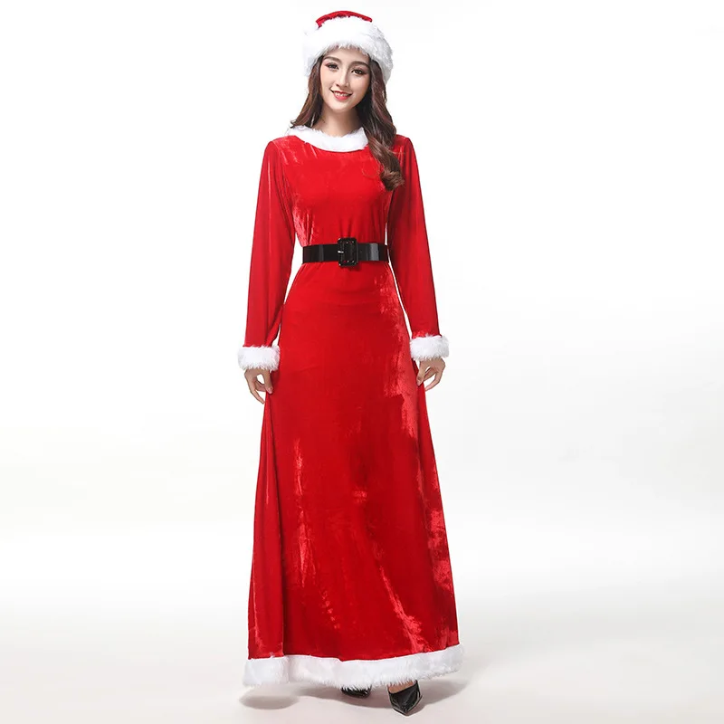 Женское Красное длинное платье 2019 Рождественский костюм зимнее теплое флисовое