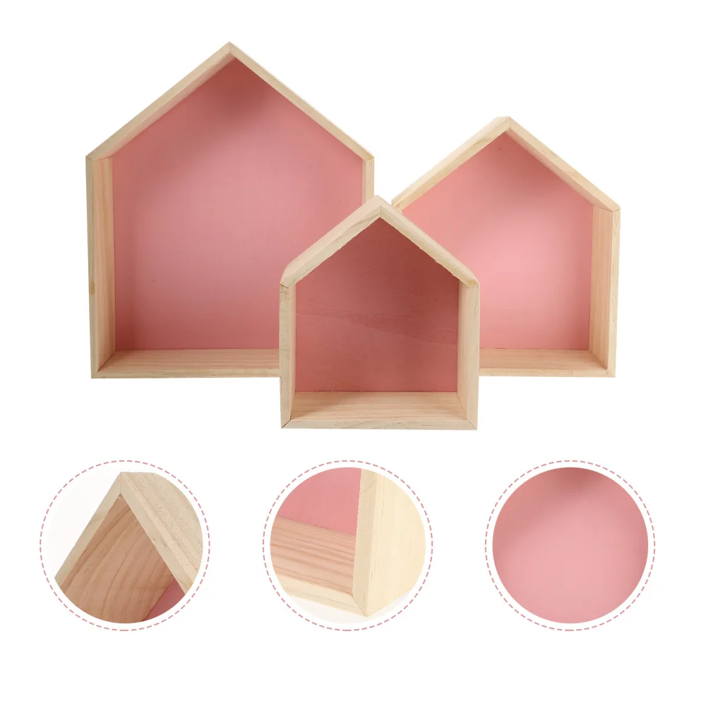 

3pcs Wall Mount Household Storage Rack House Shape Wooden Display Shelf