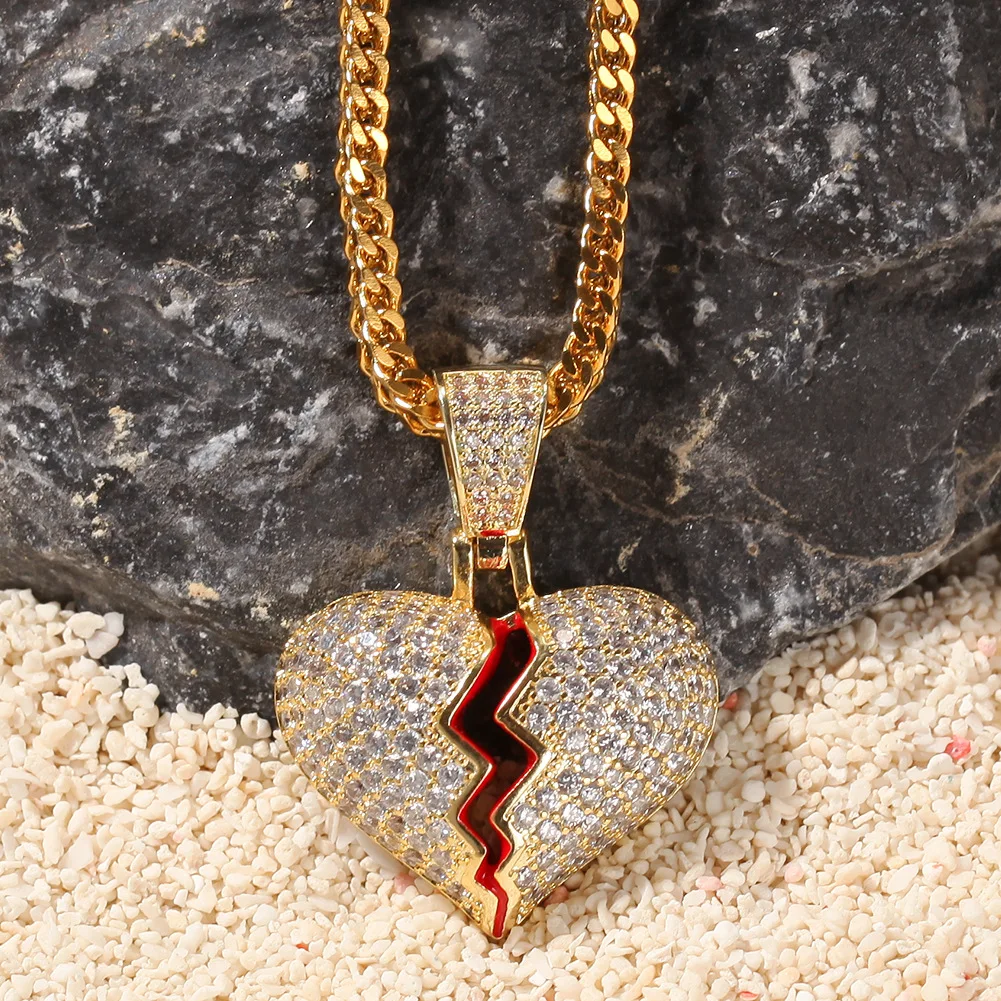Фото Форма разбития сердца Iced Out Bling Bling латунный кулон и ожерелье Mirco Pave зубец установка для мужчин ювелирные изделия в стиле хип-хоп BP024 №1