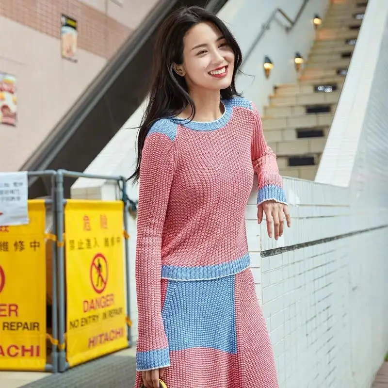 2019 женский свитер костюмы 2 шт уличный модный пуловер + юбка-зонтик контрастный