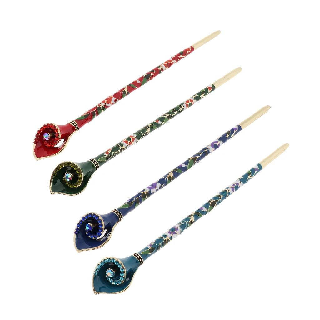 

Vintage Women Rhinestone Hair Stick, Hair Decoration - Flower Shape Hairpin 15x1cm, 4 Colors
