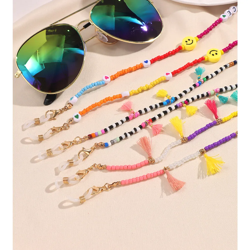 

Sweet Candy Color Tassel Beaded Sunglasses Chains For Women Smiley Eyewear Holder Mask Lanyards Colorful Rice Bead Chain Jewelry