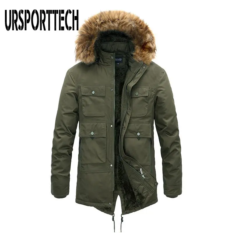 Long Winter Jacket Men Outdoor Fur Hooded Mens Winter Male Jacket Windbreaker Casual Coat Oversized Velvet Down Jackets Overcoat