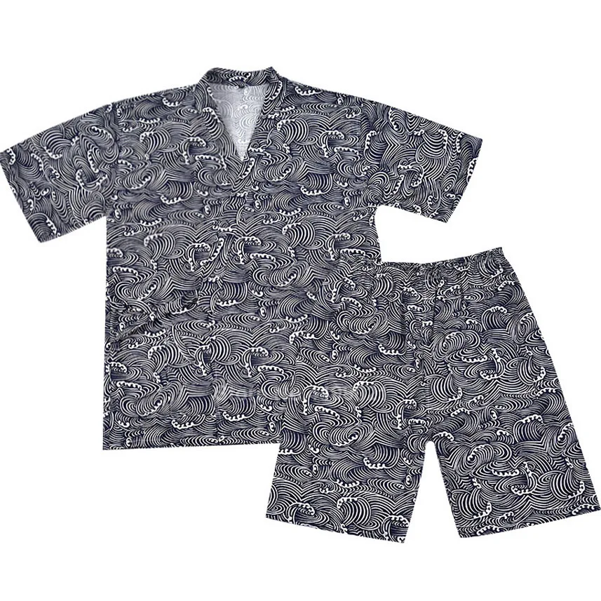 Хлопковое японское кимоно Jinbei с волнистым принтом, пижамный комплект для мужчин и женщин, одежда для пар с v-образным вырезом, банная Пижама Yukata, Пижама