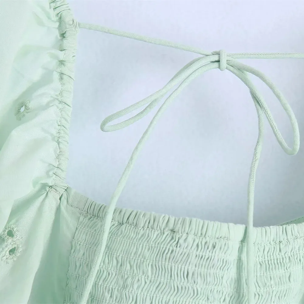 

Women Elegant Single Breasted Square Collar Cropped Blouse Summer Flare Sleeve Sexy Backless Casual Slim Shirt Solid Female Tops