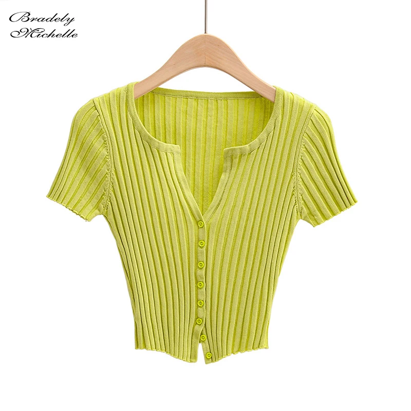 BRADELY MICHELLE Women Fashion Streetwear Short-Sleeve Cardigans with Single Breasted Big Elastic Knitted Thin Sweater Crop Tops |