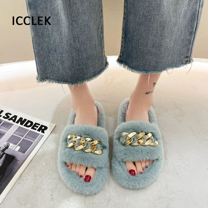 Women House Slippers Winter Faux Fur Slides Indoor Home Slippers Shoes Woman Slip on Furry Slippers Plush Warm Ladies Shoes
