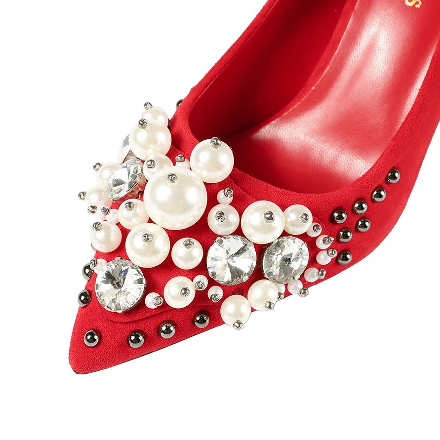 

2020 new Women 9cm Thin High Heels Sexy Bright Crystal pearl Scarpins Pumps lady Stiletto Wedding Bridal Red Valentine Shoes