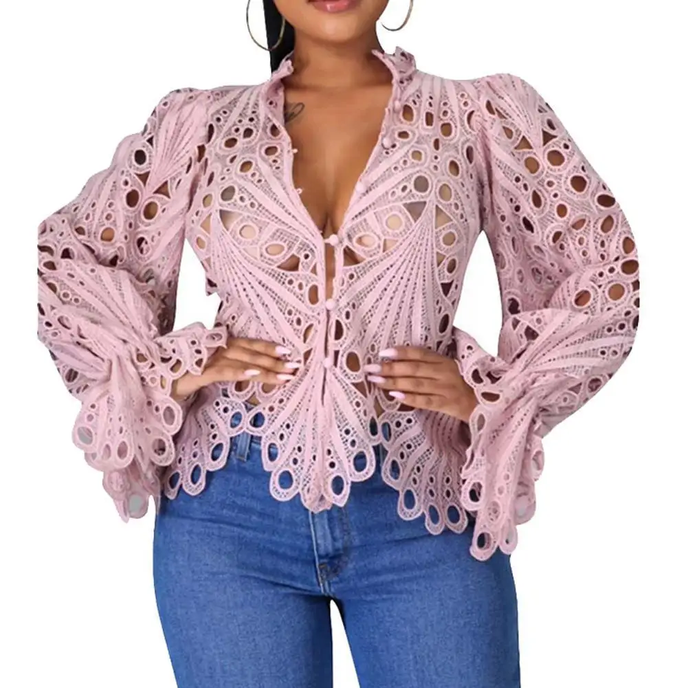 Новинка 2021 элегантная сетчатая кружевная рубашка с длинным рукавом прозрачный