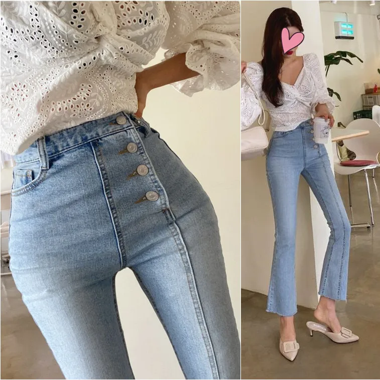Модные новые женские джинсы с высокой талией Необычные однобортные уличные