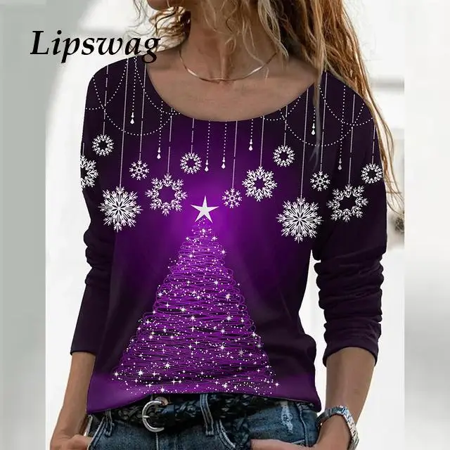 

Vintage Christmas Harajuku Top Loose Snowflake Tree Pattern Print Long Sleeve T-Shirts Women Elegant Round Neck Tops Mujer Robe