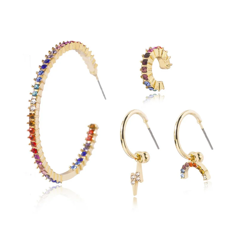 

4Pcs/Set Trendy Sparkling Rainbow AAA Baguette CZ Cubic Zirconia Rhinestone Crystal Circle Hoop Earrings Set for Women Bridal
