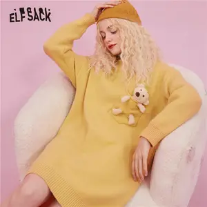 Женский Повседневный пуловер ELFSACK, однотонный пуловер с длинными рукавами и рисунком медведя, вязаные свитера, осень 2020, повседневные милые топы ELF в Корейском стиле